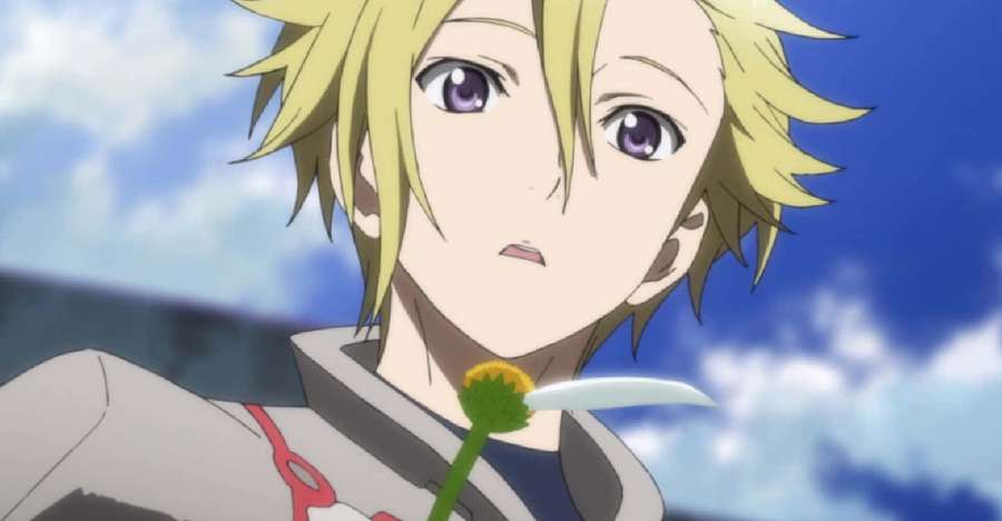 Anime boy with blonde hair and purple eyes holding a dandelion under a blue sky. — Daryl Yan Wallpaper