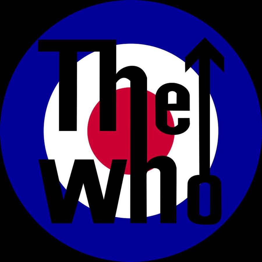 The Who Bandlogo mit fettem schwarzem Text über einem blauen, weißen und roten Rundellogo. — Das Wer Wallpaper