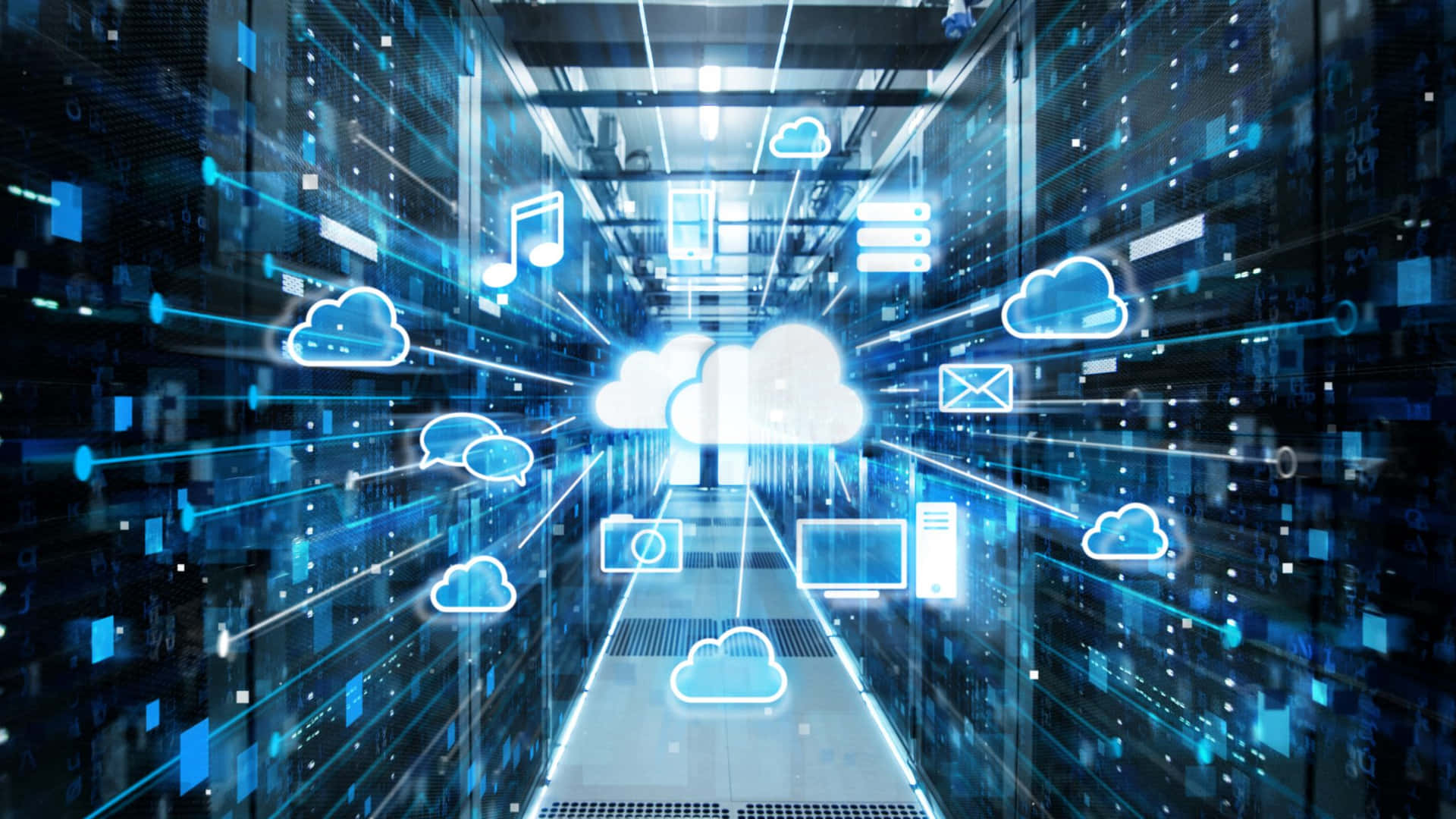 Digitale skyikoner svever i et serverrom med glødende blå datastrømmer. — Databackup Bakgrunner