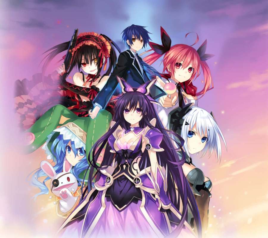 Six anime characters in fantasy outfits against a colorful sky. — Date A Live Wallpaper