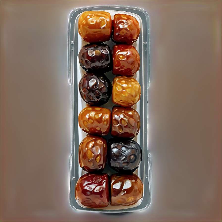 Eight caramel-colored dice with nuts in a clear plastic tray. — Dates PNG