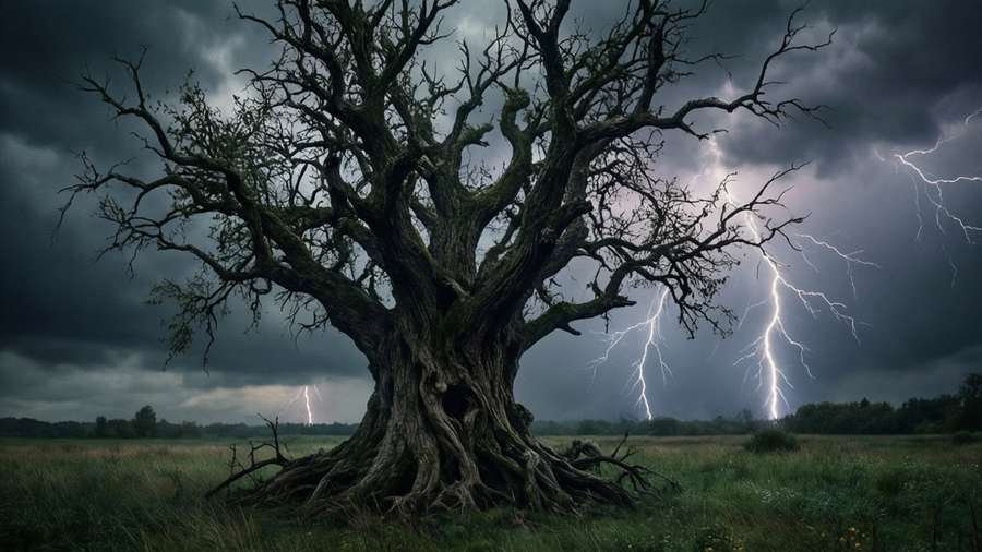 A stormy night on Dathomir with lightning revealing a tree shaped like a witch's face. — Dathomir Picture