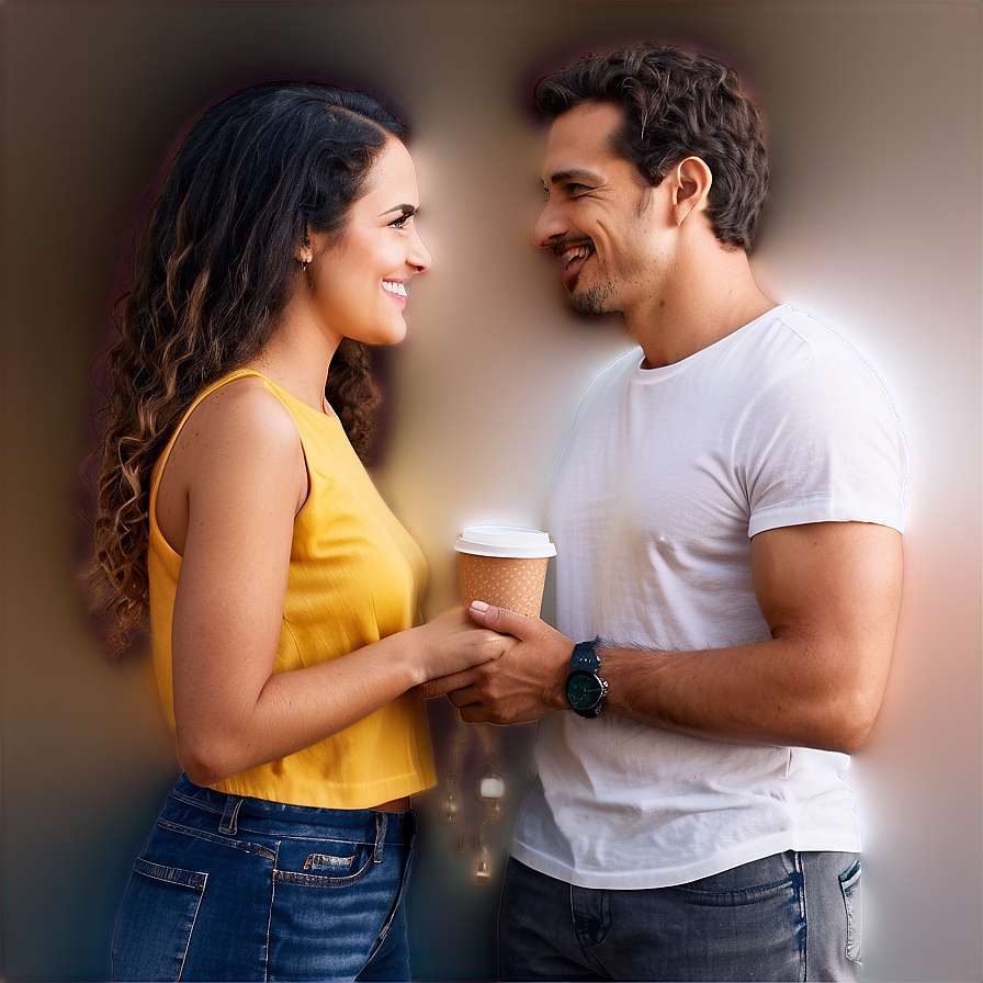 A happy couple holding a coffee cup and smiling at each other. — Dating PNG