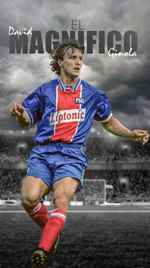 Soccer player David Ginola in PSG jersey running on field under stormy sky. — David Ginola Wallpaper