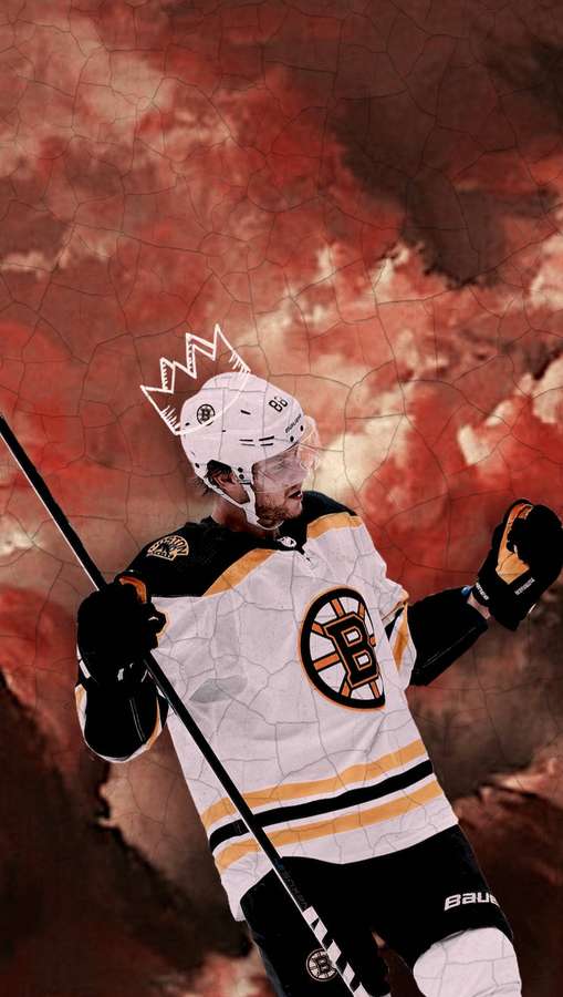 Jogador de hóquei com camisa do Bruins comemorando com taco contra céu rachado flamejante. — David pastrnak Papéis de Parede