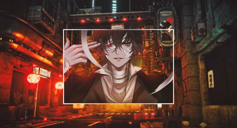 Anime character with red eyes and bandaged face in a neon-lit alley at night. — Dazai Background