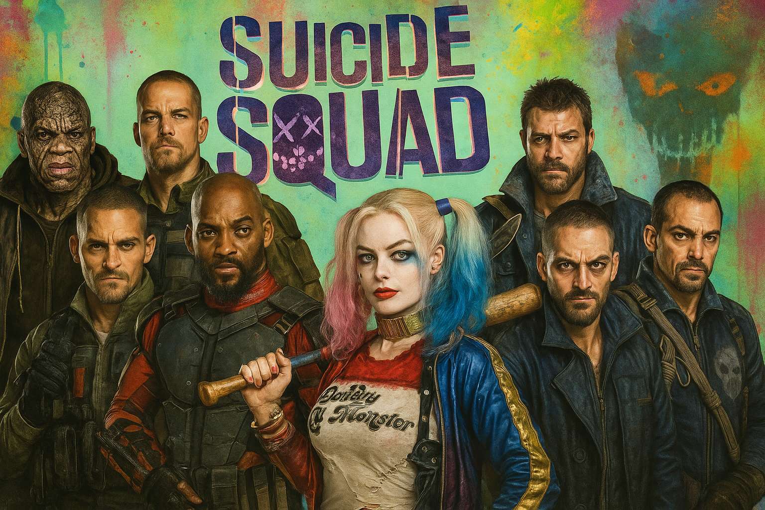 Suicide Squad movie poster with Harley Quinn and other villains in colorful outfits. — Dc Comics PNG