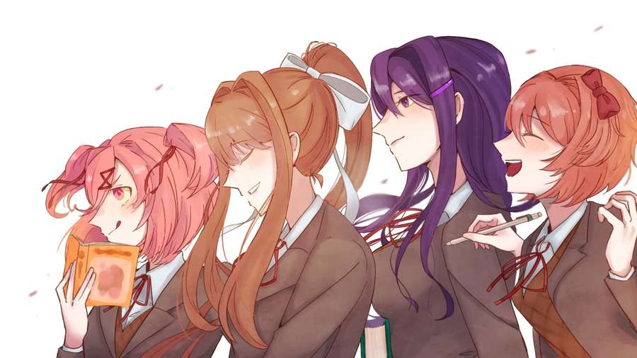 Four anime schoolgirls in uniforms laughing and holding snacks. — Ddlc Background