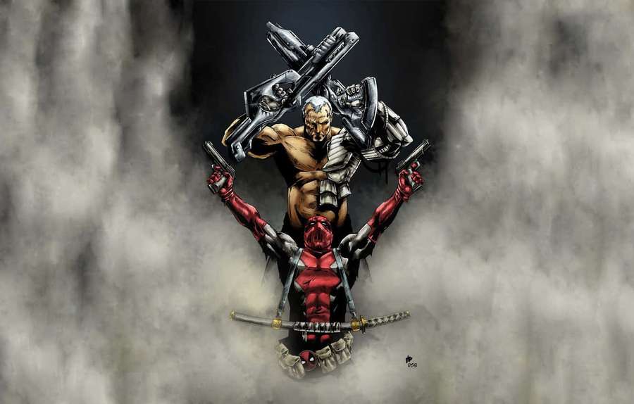 Two armed figures in combat gear stand ready in a smoky environment. — Deadpool And Cable Wallpaper