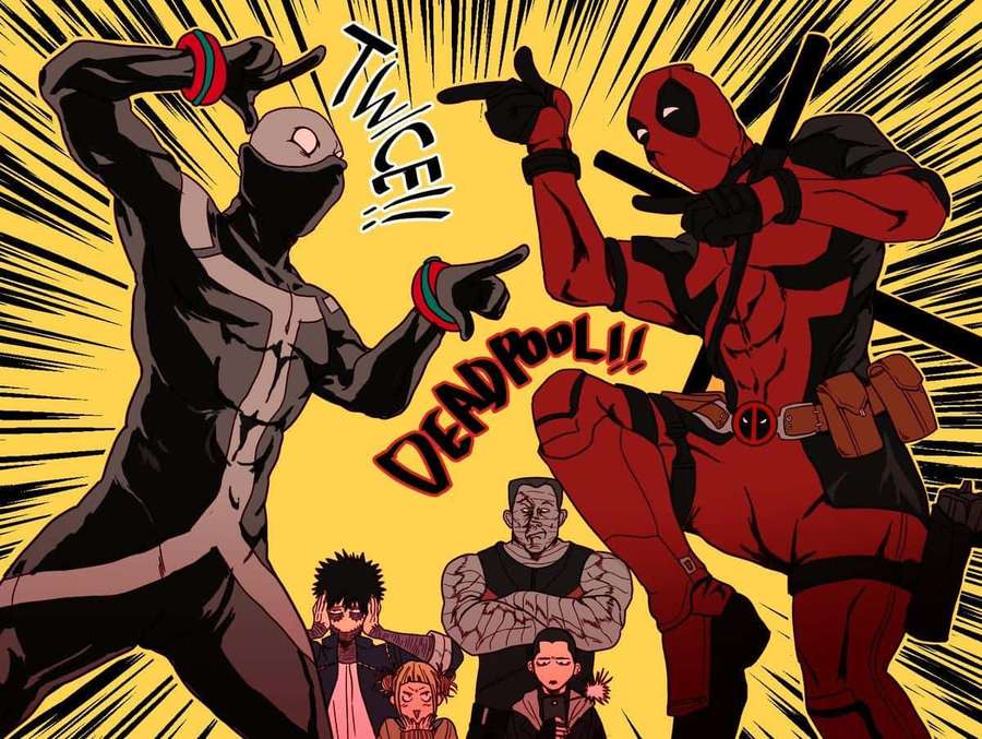 Deadpool and masked fighter in comic action pose with shocked crowd behind. — Deadpool Art Wallpaper