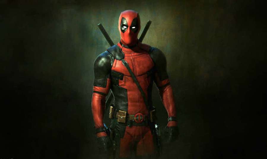Deadpool in red and black suit with katanas on back in dark smoky setting — Deadpool Background