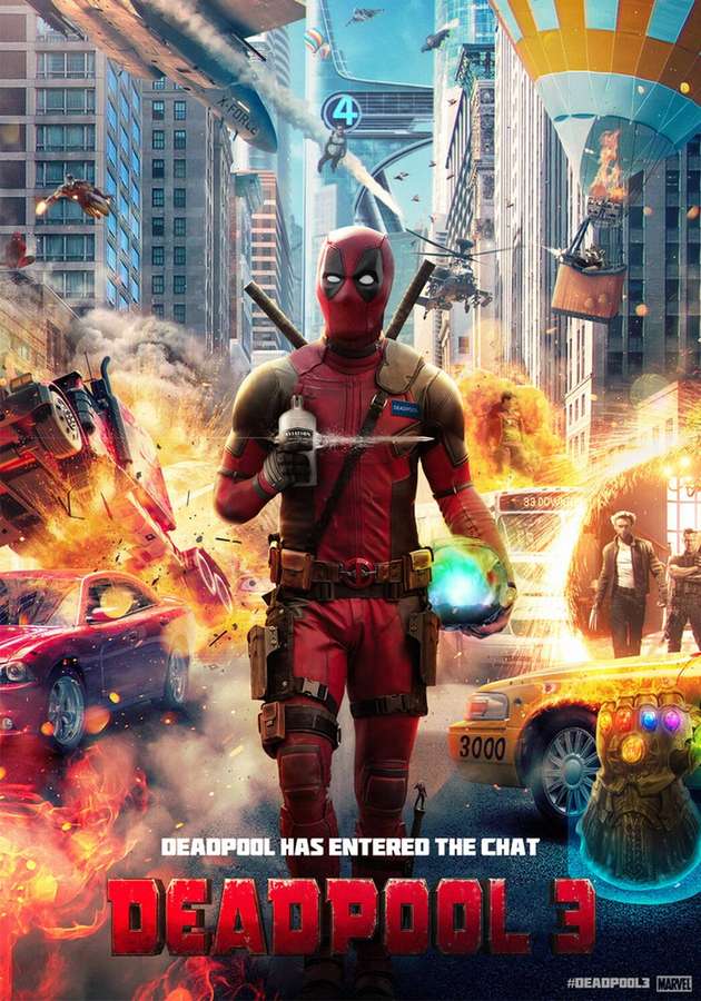 Deadpool in einer Stadt voller Explosionen und fliegender Autos, der einen leuchtenden Handschuh hält. — Deadpool Filmbilder Bild Wallpaper