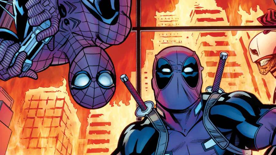 Spider-Man ja Deadpool tulisen kaupungin maisemassa naamioidun konnan kanssa. — Deadpool Ja Spiderman Taustakuvat