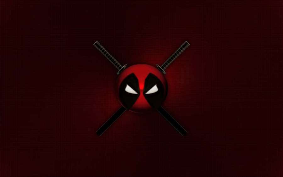 Topeng Deadpool dengan pedang bersilang di latar merah gelap — Deadpool Mask Wallpaper
