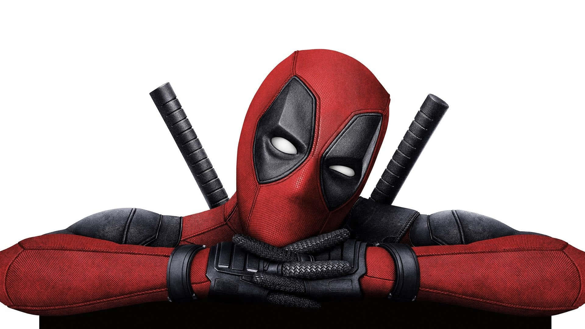 Deadpool supereroe in tuta rossa e nera con katane dietro la testa. — Deadpool Sfondi