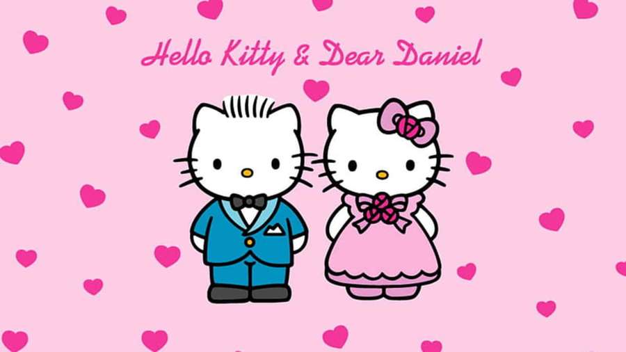Hello Kitty and Dear Daniel in wedding outfits surrounded by pink hearts. — Dear Daniel Wallpaper