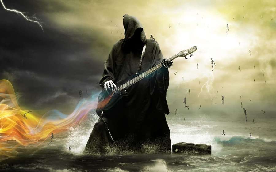 Hooded figure playing electric guitar in stormy ocean with floating skeletons and lightning. — Death Background