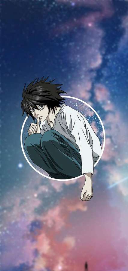 Anime character L in a white circle floating in a colorful starry space. — Death Note Aesthetic Wallpaper