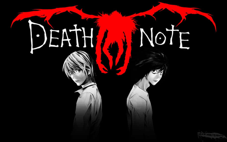 Kaksi anime-hahmoa kasvot eteenpäin punaisen Death Note -logon alla. — Death Note Taustakuvat