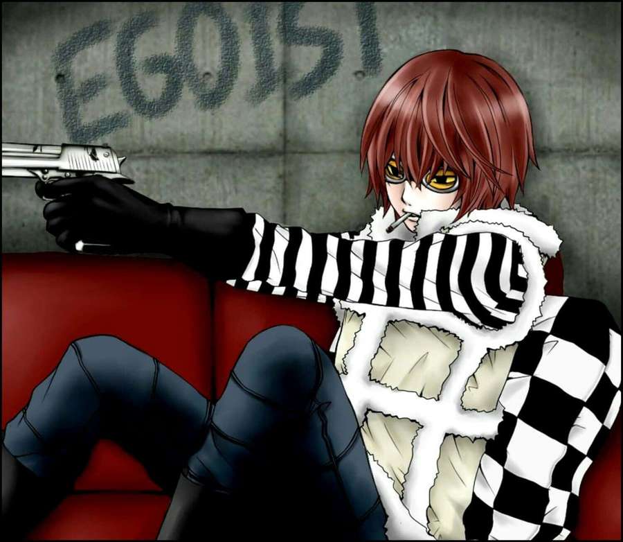 Anime character with red hair and yellow eyes holding a gun and smoking on a red couch. — Death Note Matt Wallpaper