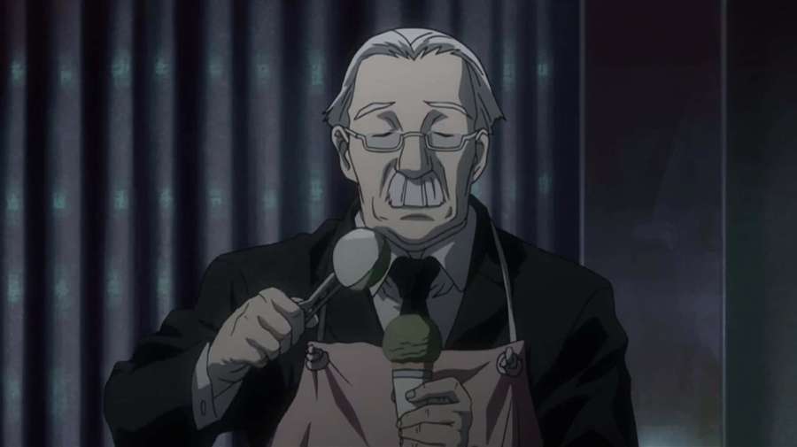 Elderly anime man in apron holding spoon over green ice cream cone indoors. — Death Note Watari Wallpaper