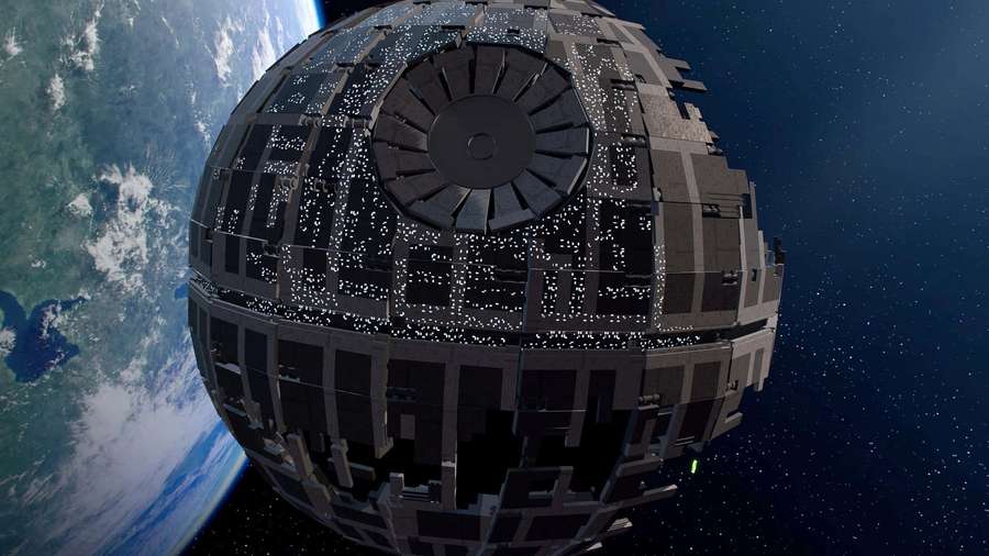 LEGO Death Star in orbit around a planet with stars in the background. — Death Star Ii Wallpaper