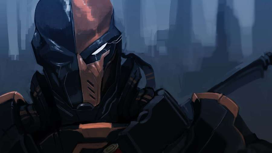 Masked warrior in dark armor holding weapon in misty city ruins. — Deathstroke Background