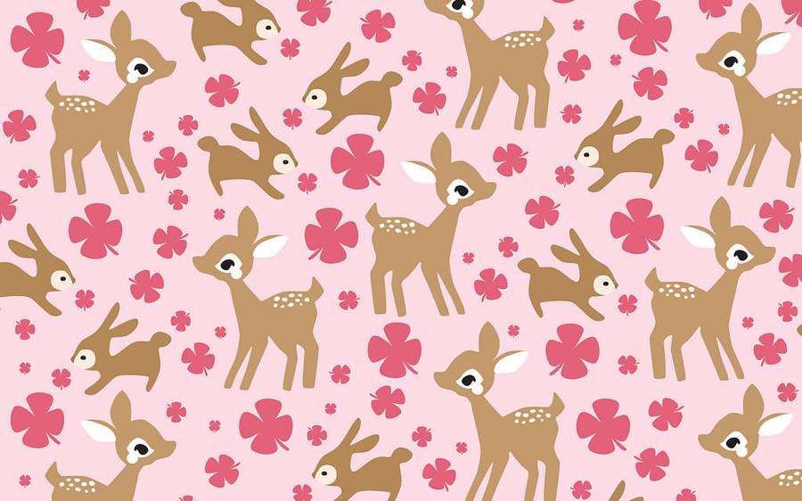 Rosa Hintergrund mit sich wiederholendem Cartoon-Hirsch- und Kleeblattmuster. — Deer Desktop Hintergrundbild