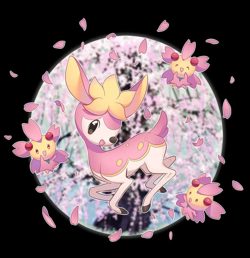 Pokémon ciervo rosa rodeado de pétalos de cerezo y pequeños Pokémon voladores. — Deerling Fondos de pantalla