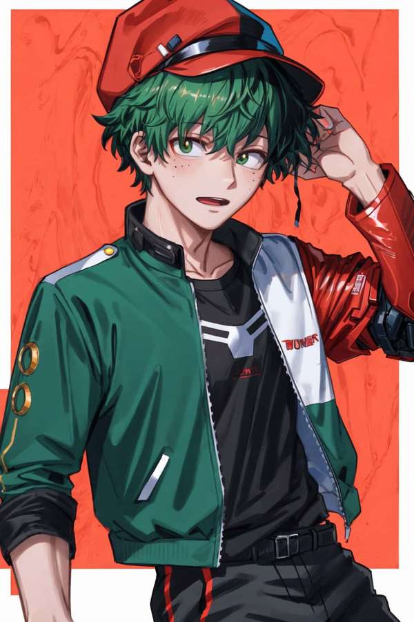 Anime-Figur mit grünen Haaren und roter Mütze stellt seinen Hut vor orangefarbenem Hintergrund ein. — Deku Drip Wallpaper
