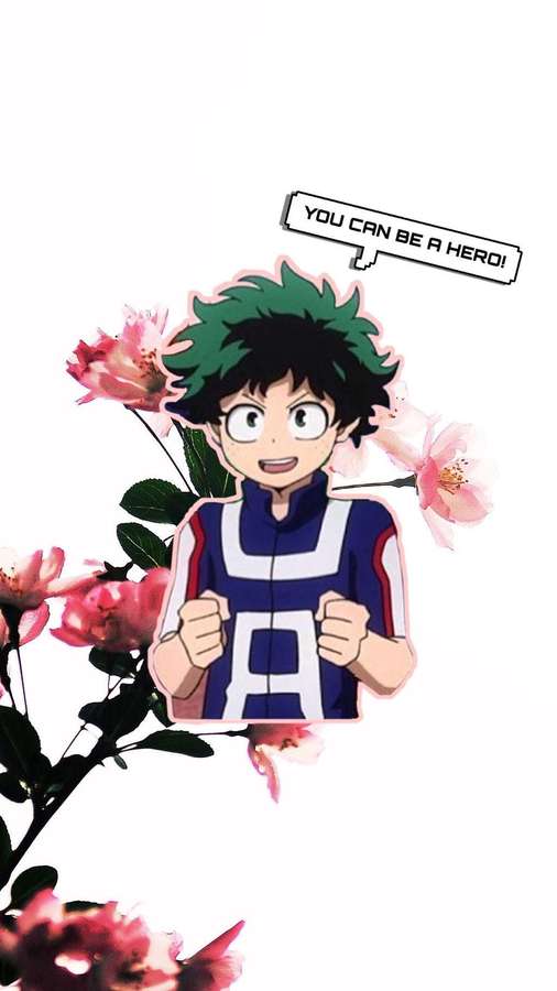 Anime hero with green hair and glasses smiles among pink flowers with motivational speech bubble — Deku Pfp Wallpaper