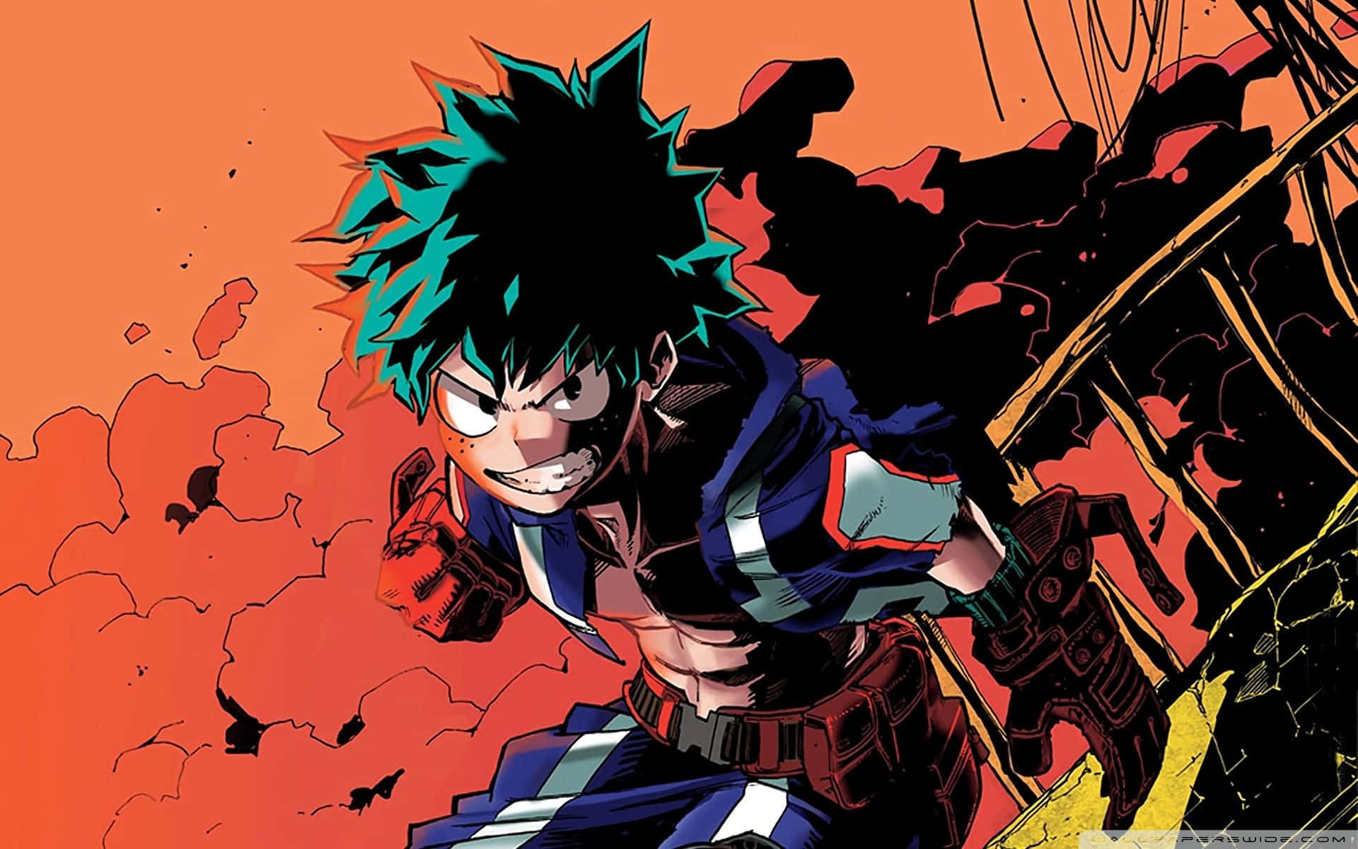 Anime-Figur in Kampfhaltung zwischen zersplitterten Trümmern und feurigem Hintergrund. — Deku Wallpaper