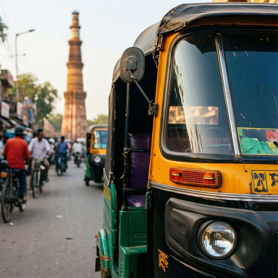 Colorful auto-rickshaw in front of Qutub Minar — Delhi Background