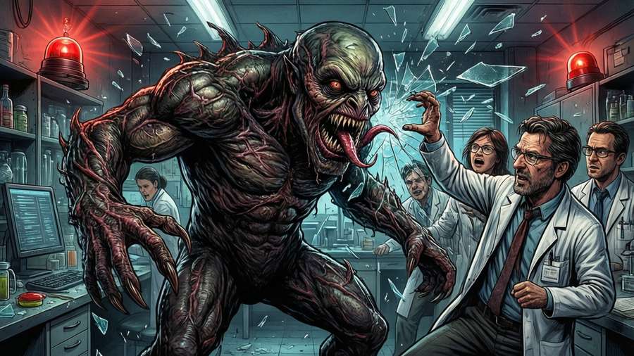Demogorgon battles scientists in a chaotic lab. — Demogorgon Picture