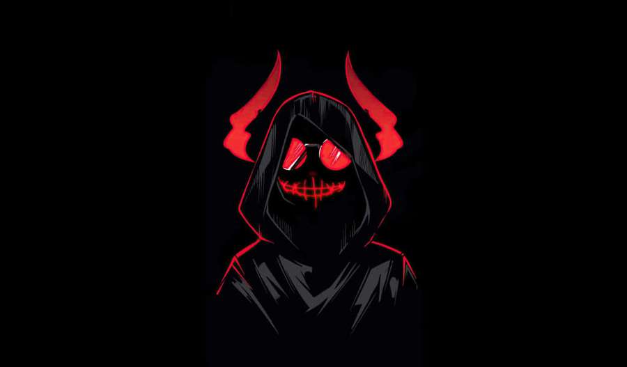 En hætteklædt figur med røde glødende øjne og horn i et mørkt miljø. — Demon Aesthetic Wallpapers