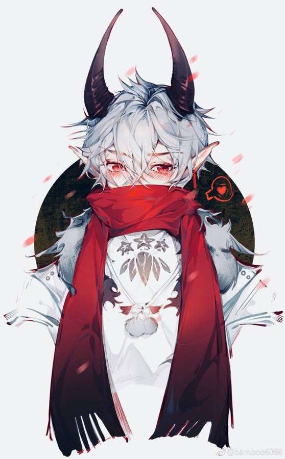 Anime character with white hair red eyes and dark horns wearing a red scarf. — Demon Boy Anime Wallpaper