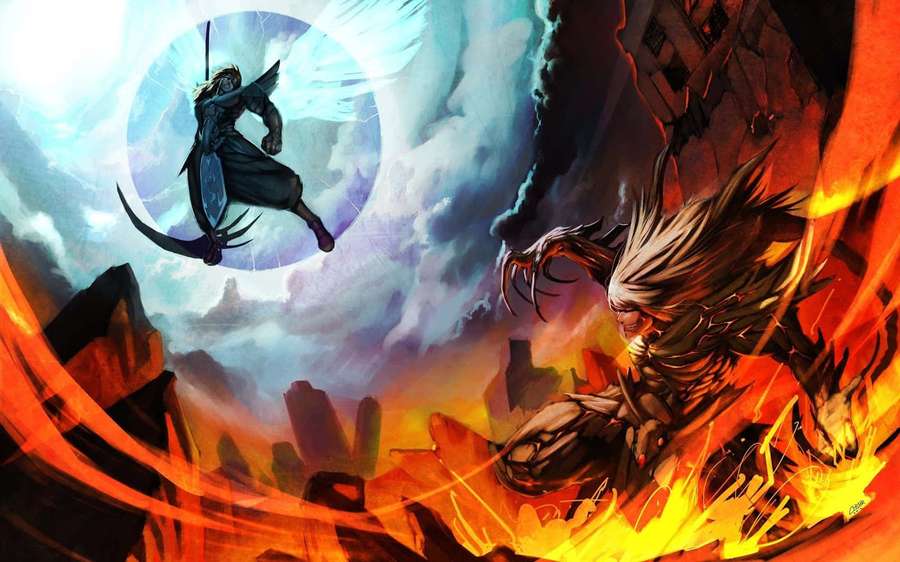 Ein dunkelgeflügelter Krieger springt über einem feurigen Schlachtfeld, während eine monströse Bestie darunter angreift. — Demon Fighting Wallpaper