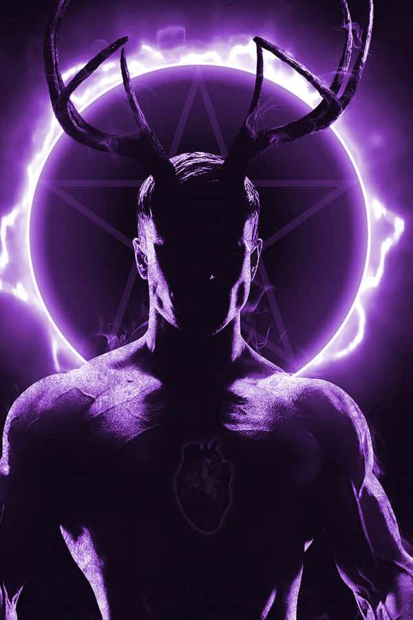Muscular figure with antlers and glowing purple pentagram behind. — Demon iPhone Wallpaper