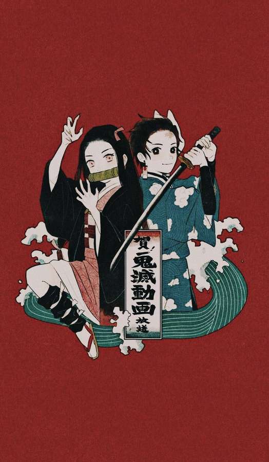 Two anime demon slayers in traditional outfits with swords and wave motifs on red background. — Demon Slayer Aesthetic Wallpaper