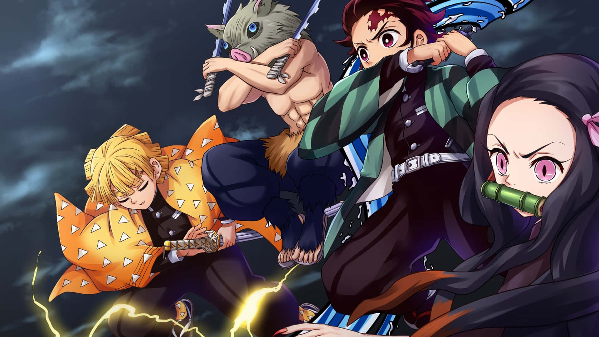 Anime warriors in battle with lightning and stormy sky background. — Demon Slayer Anime Wallpaper