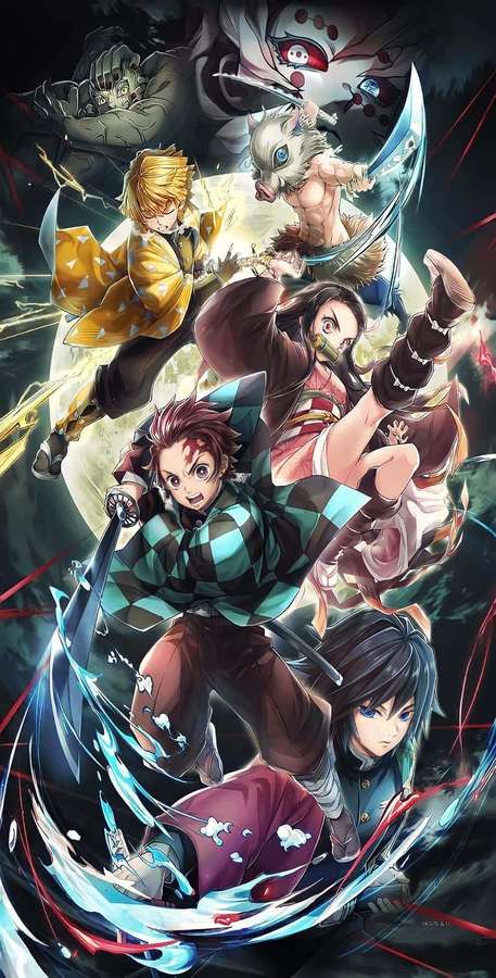 Anime-karakterer i kamp med glødende sværd i en mørk skov. — Demon Slayer Group Wallpapers