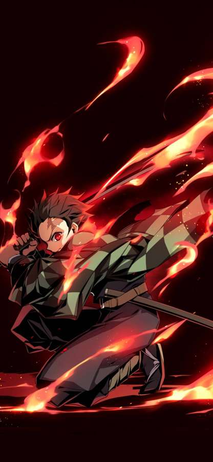 Anime warrior surrounded by red flames in a combat pose. — Demon Slayer iPhone Wallpaper