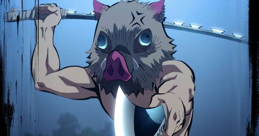 Muscular boar-headed anime demon holding a glowing sword in a misty blue environment. — Demon Slayer Mask Wallpaper