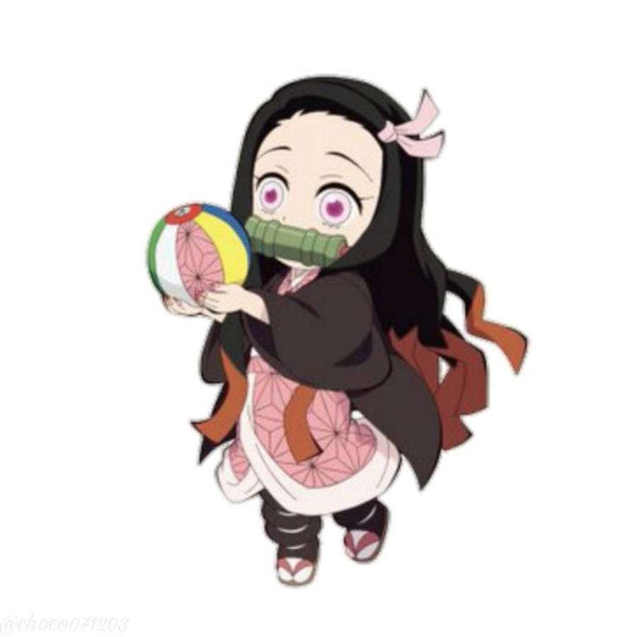 Anime girl in traditional outfit holding beach ball and biting bamboo tube. — Demon Slayer Nezuko Background