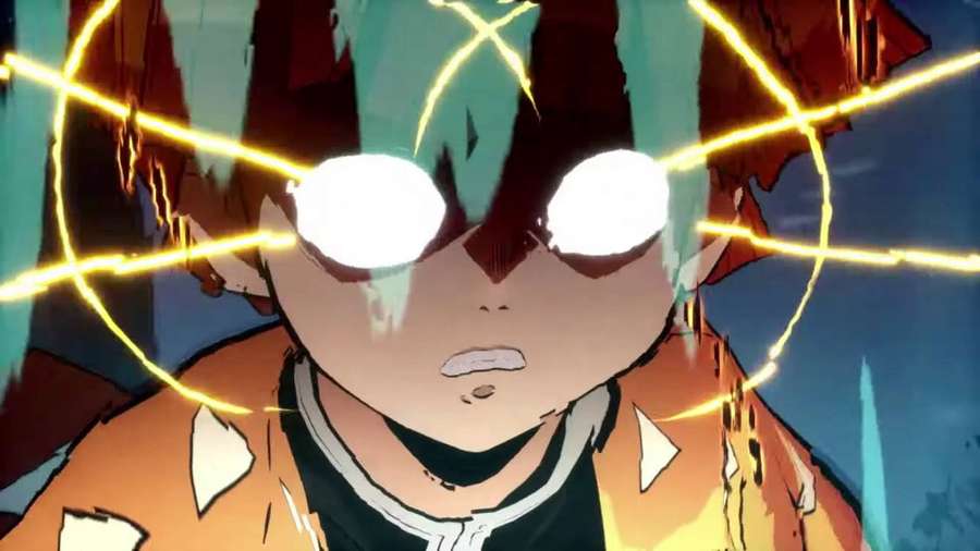 Anime character with glowing eyes and crackling energy around his head. — Demon Slayer Pfp Wallpaper