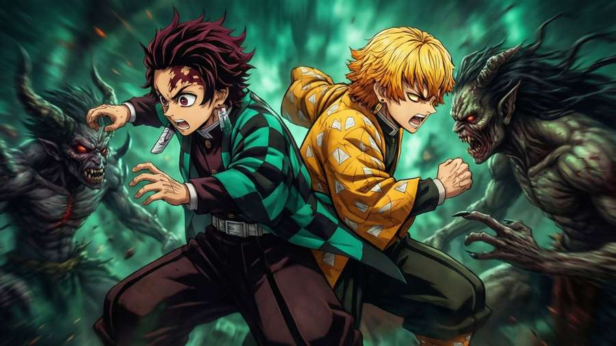 Inosuke and Zenitsu fighting back-to-back. — Demon Slayer Title Wallpaper