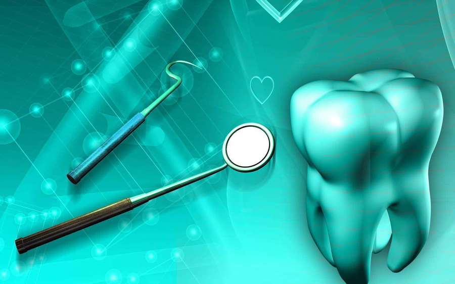 Teal 3d dental tools and tooth with glowing network background. — Dentist Background