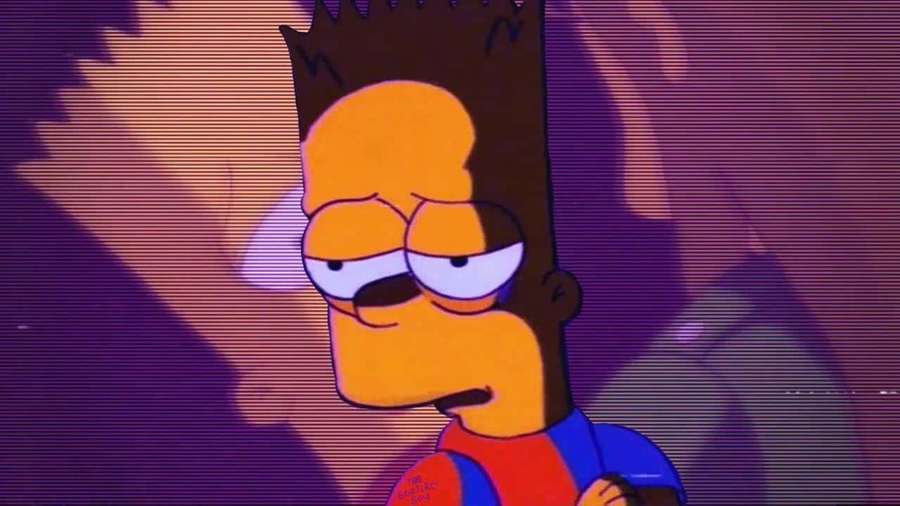Bart Simpson looking tired on a glitchy purple screen. — Depressed Bart Simpson Wallpaper