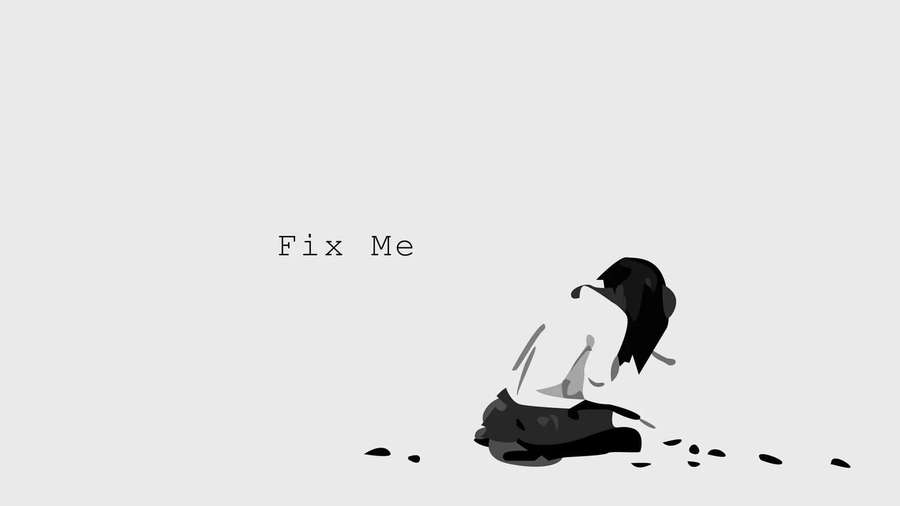 A person kneeling with head down beside scattered dark fragments with text 'Fix Me' nearby. — Depression Dark Aesthetic Wallpaper