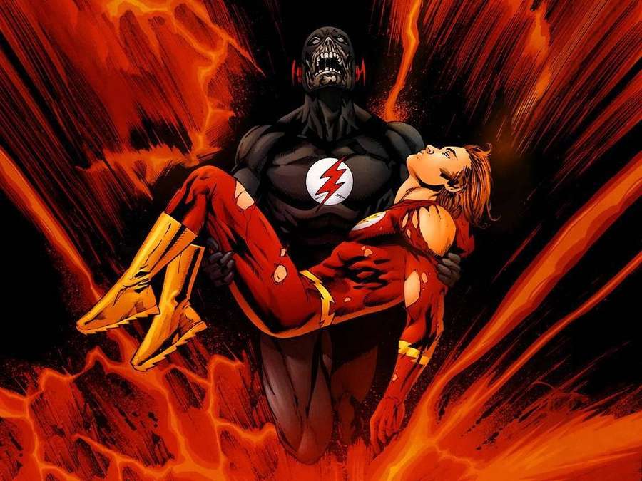 Superheld trägt Frau durch feurige Bewegung, während maskierter Bösewicht dahinter erscheint. — Der Flash Wallpaper